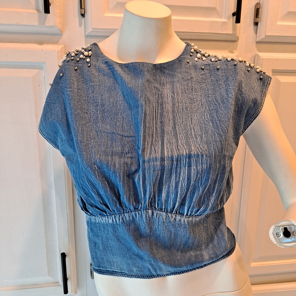 Denim&Co Blue Blouse with Pearl Details